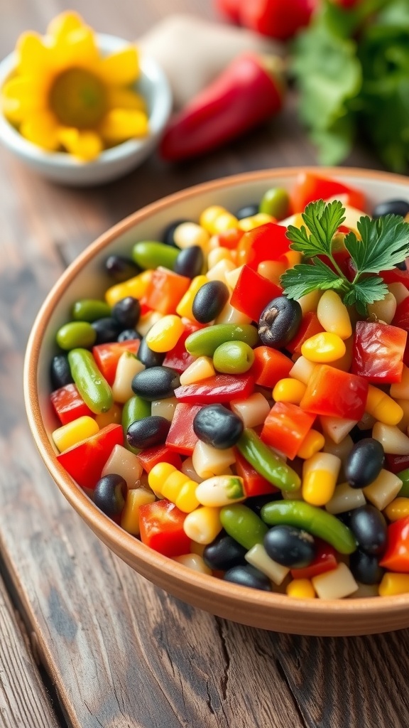 A colorful 7 bean salad with kidney beans, black beans, chickpeas, and fresh vegetables in a bowl, garnished with parsley.
